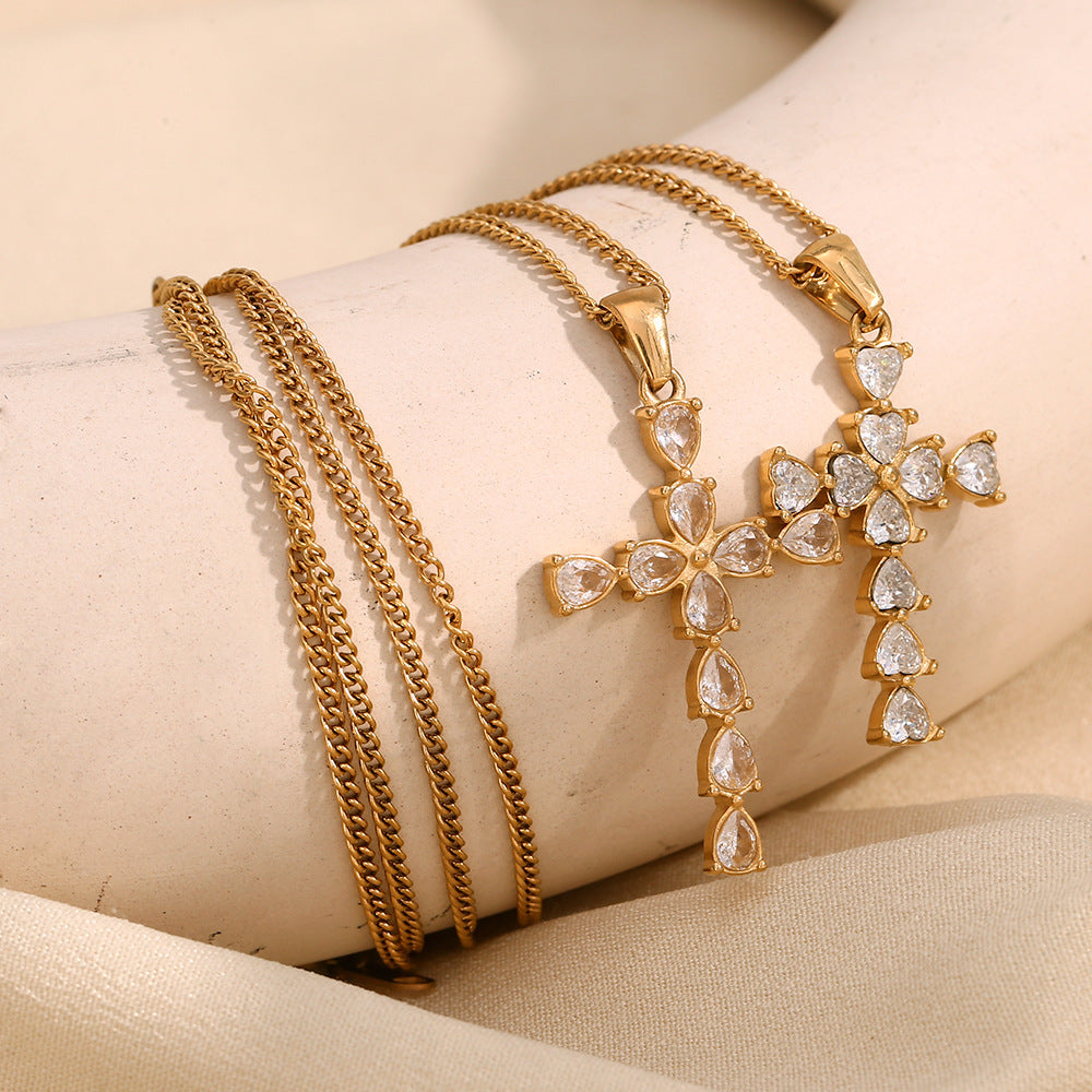 18K Gold Water Drop Heart Cross Pendant